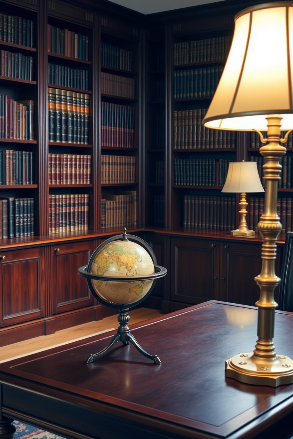 A classic home office featuring an antique globe as a decorative centerpiece. The room is adorned with rich wooden bookshelves filled with leather-bound volumes and a large mahogany desk positioned under a vintage brass lamp.