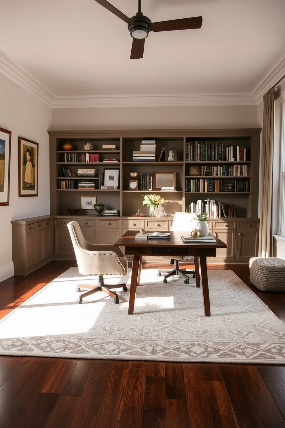 A soft area rug in a neutral tone lays beneath a sleek wooden desk, adding warmth and texture to the space. The walls are adorned with framed artwork, and a comfortable chair complements the classic aesthetic of the home office. A large bookshelf filled with books and decorative items lines one wall, creating a cozy yet professional atmosphere. Natural light streams in through a large window, enhancing the inviting feel of the classic home office design.