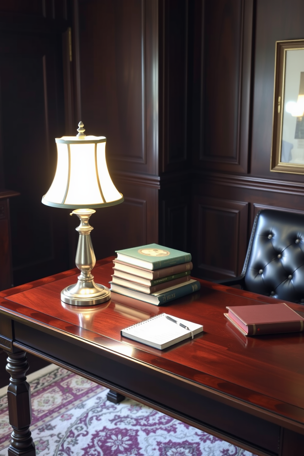 A traditional desk lamp with a warm glow sits atop a polished wooden desk, illuminating a stack of vintage books and a stylish notepad. The walls are adorned with rich, dark wood paneling, and a plush, patterned rug lies beneath the desk, adding a touch of elegance to the classic home office design.