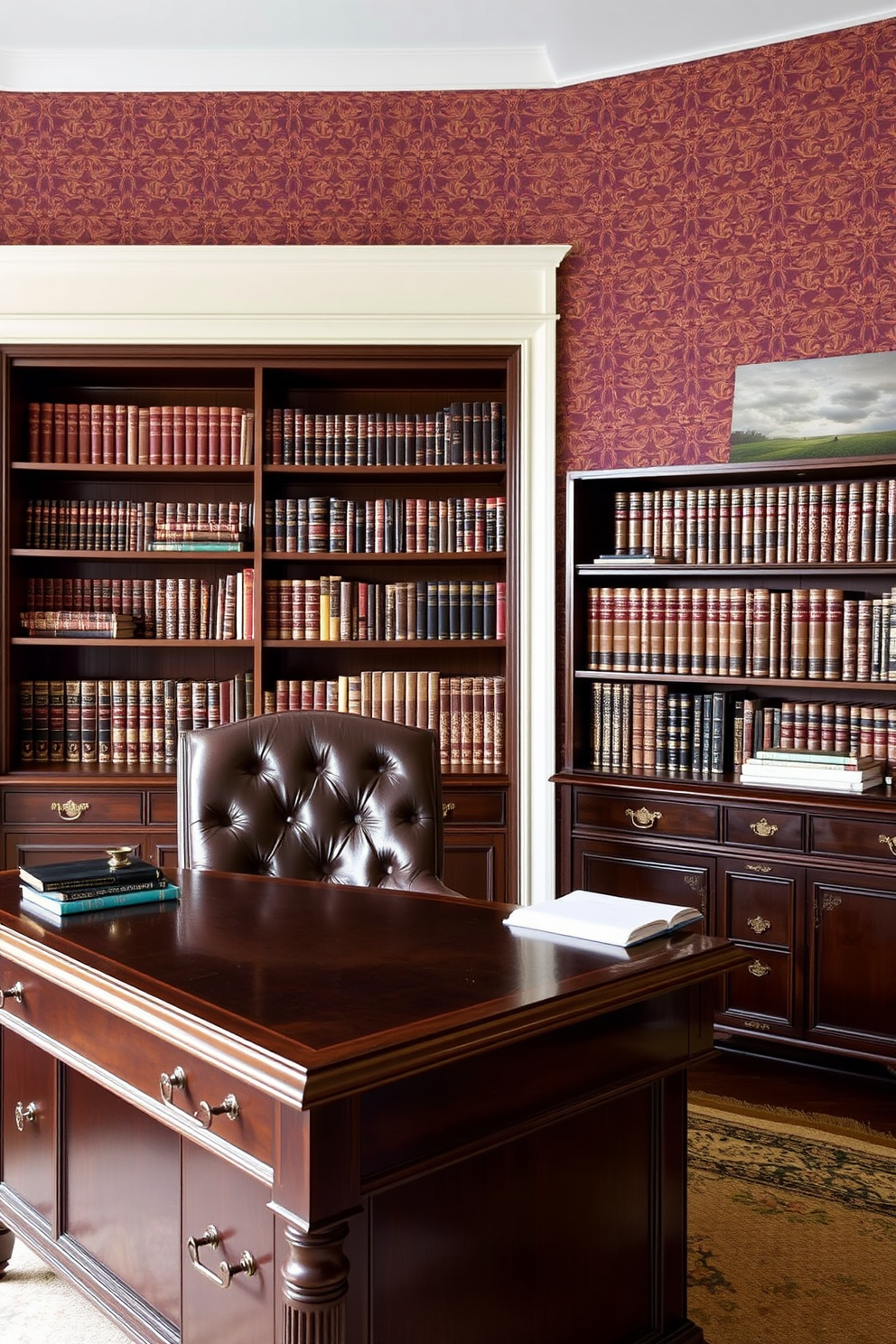 A classic home office featuring richly patterned wallpaper that adds character to the space. The room includes a dark wood desk with elegant brass hardware and a plush leather chair, complemented by a vintage bookshelf filled with leather-bound books.