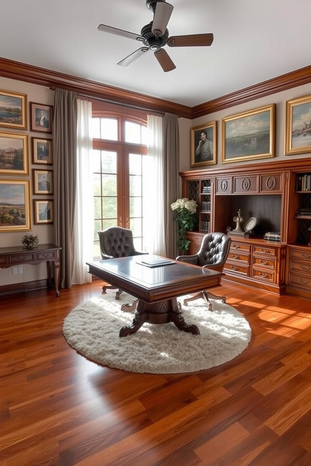 A home office featuring a large wooden desk with intricate carvings and a comfortable leather chair. The walls are adorned with framed artwork in classic styles, showcasing landscapes and portraits that add elegance to the space. Natural light floods the room through tall windows dressed in sheer curtains. A plush area rug lies beneath the desk, complementing the rich hardwood floor and creating a warm, inviting atmosphere.