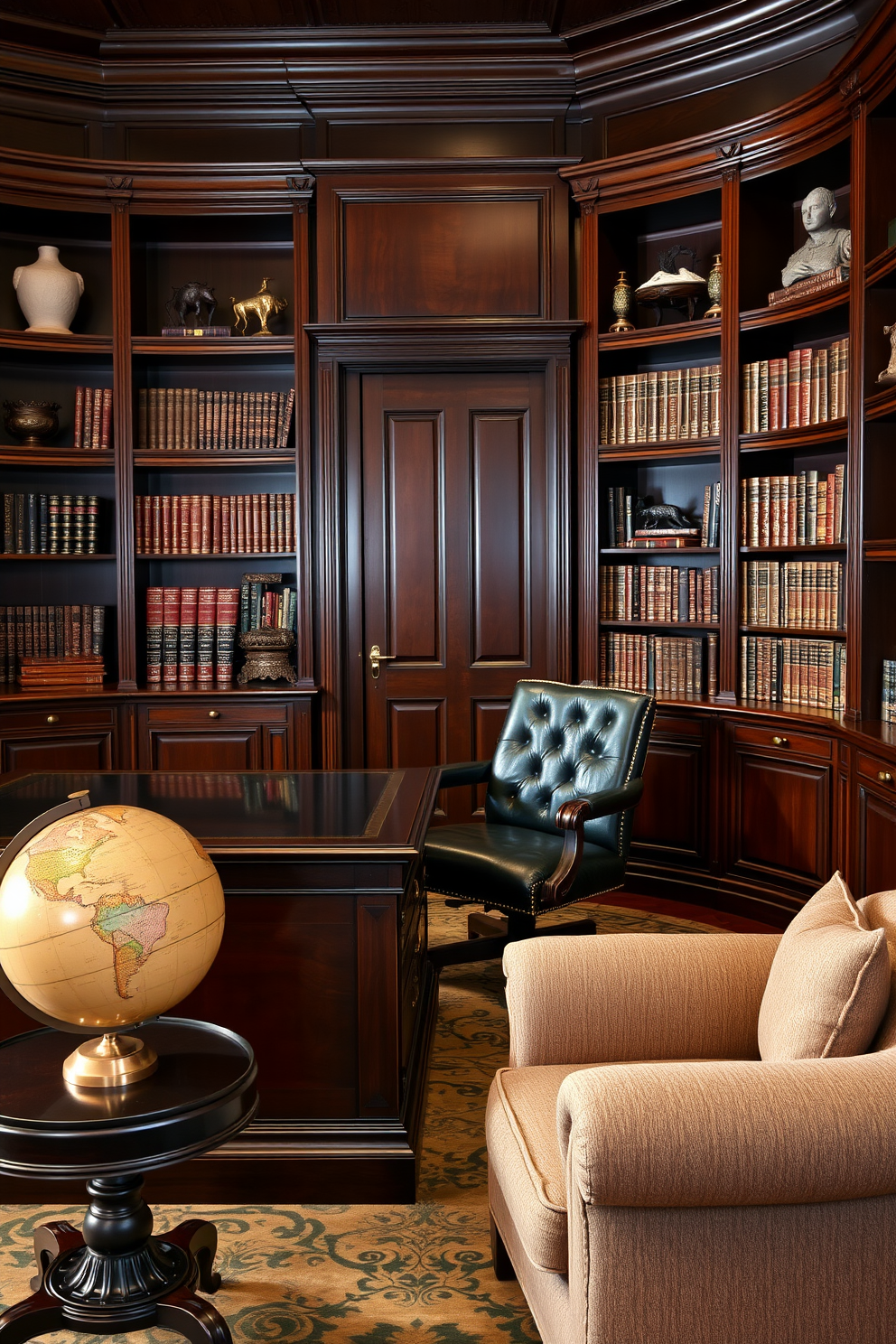 A classic home office setting with dark wood paneling that exudes sophistication. The room features a large mahogany desk with elegant brass hardware and a comfortable leather chair. Bookshelves line the walls, filled with leather-bound volumes and decorative objects. A vintage globe sits on a side table next to a plush armchair, creating a cozy reading nook.