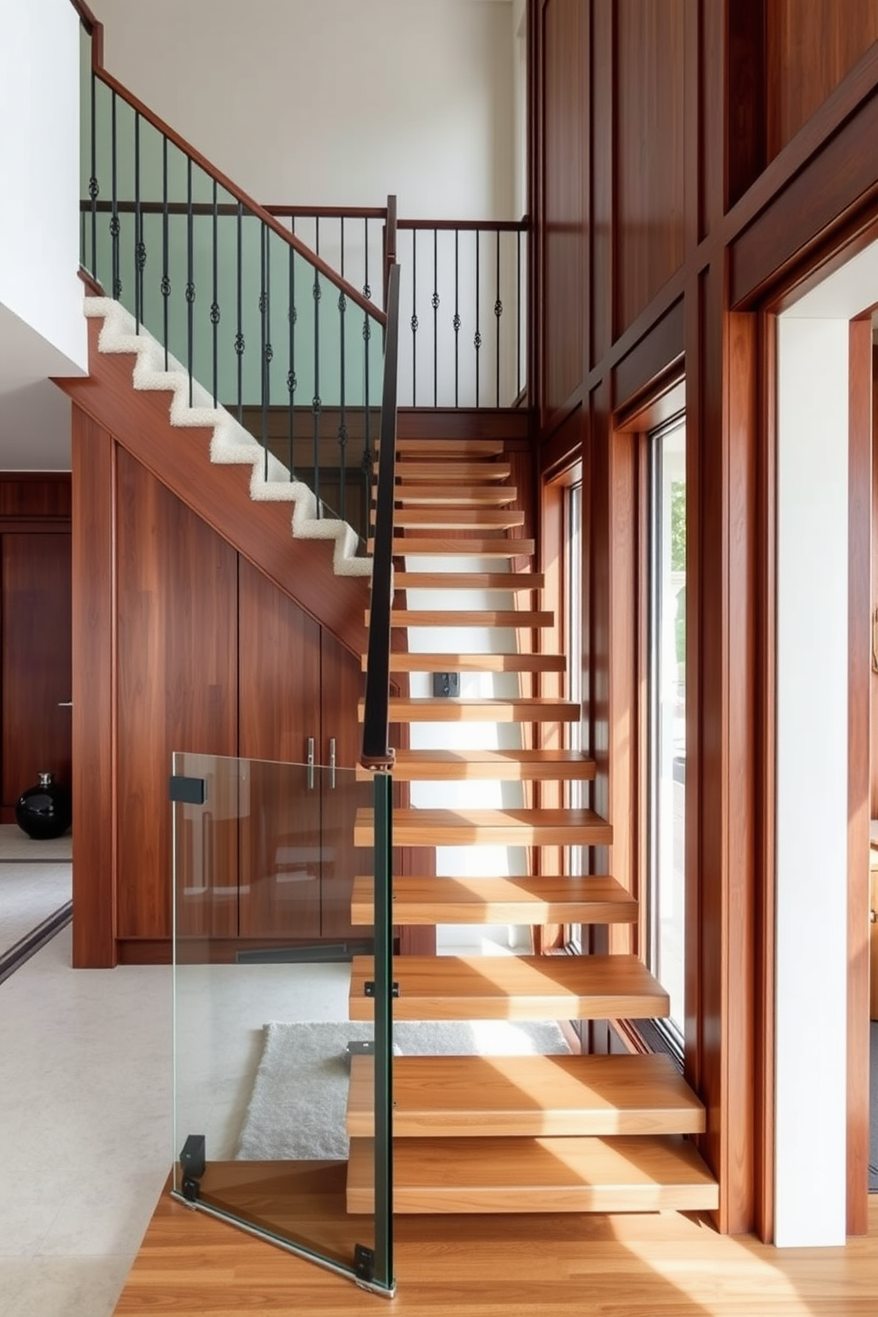 Open riser staircase with glass railing design. The staircase features sleek wooden treads that create a floating effect, complemented by a minimalist glass railing that enhances the sense of openness in the space. Closed staircase design ideas. The staircase is enclosed with rich wood paneling, featuring elegant wrought iron balusters and a plush runner that adds warmth and sophistication to the overall aesthetic.