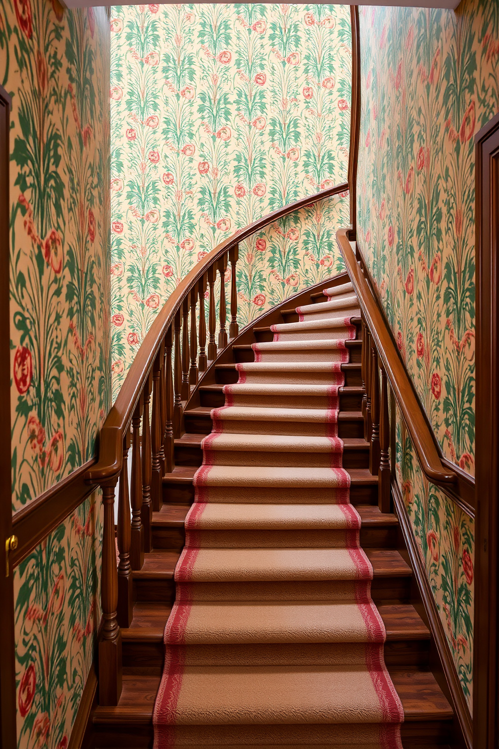 Enclosed staircase featuring a vibrant wallpaper design that adds character and warmth to the space. The staircase is framed by elegant wooden railings, with a plush runner that complements the wallpaper's colors.