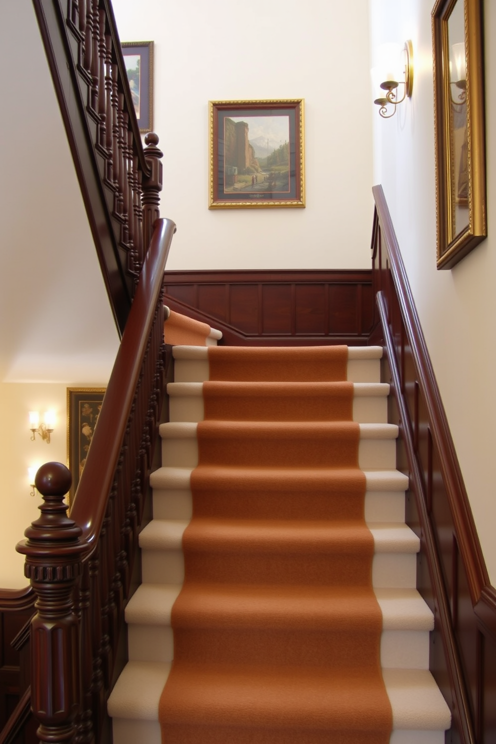 An elegant staircase with a plush runner carpet gracefully ascends to the upper level. The staircase features intricately carved wooden balusters and a rich mahogany handrail, creating a warm and inviting atmosphere. The walls alongside the staircase are adorned with framed artwork, enhancing the overall aesthetic. Soft lighting fixtures are strategically placed to illuminate the runner carpet, adding a touch of sophistication to the design.