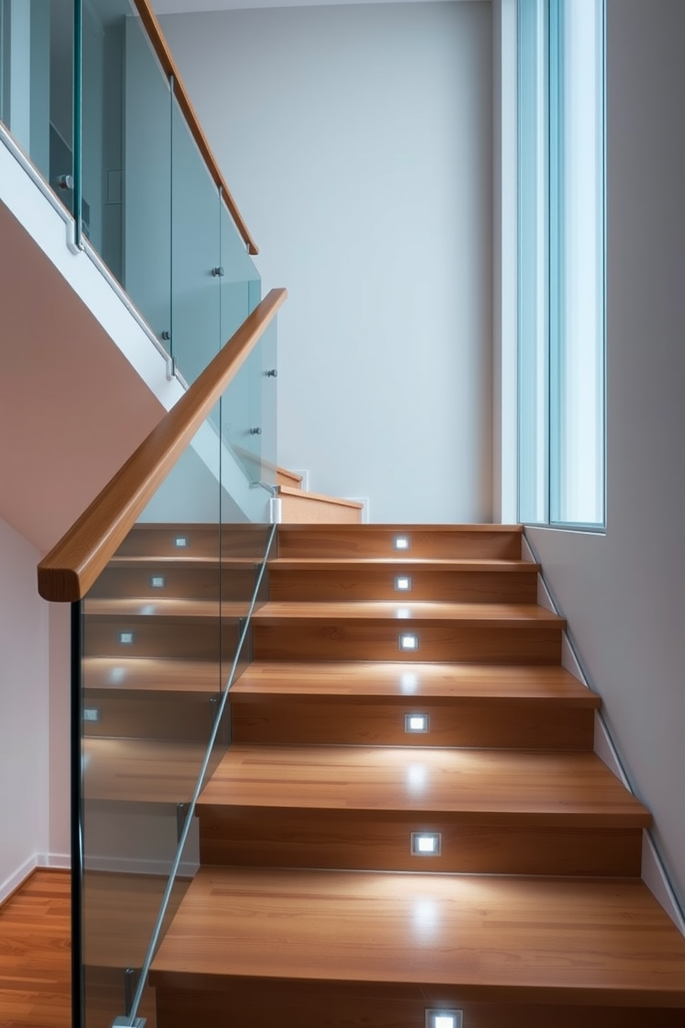 A contemporary staircase with sleek glass panel walls creates an open and airy feel. The steps are made of polished wood, contrasting beautifully with the transparent panels that allow light to flow through the space. The design features minimalist handrails that complement the overall aesthetic. Soft LED lighting is integrated into the steps, highlighting the staircase's elegant lines and enhancing the modern ambiance.