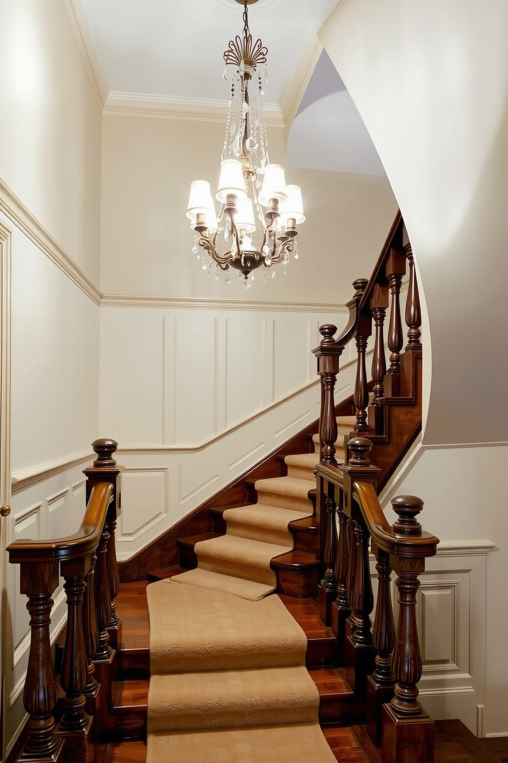 A vintage staircase with ornate newel posts showcases intricate woodwork and a rich patina. The steps are covered in a plush runner, adding warmth and texture to the elegant design. The walls are adorned with classic wainscoting, painted in a soft cream color. Above, a stunning chandelier hangs, casting a warm glow over the entire staircase area.