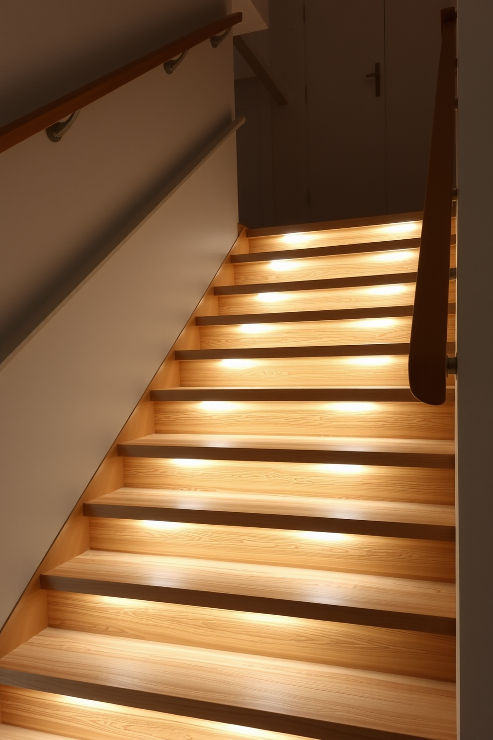 A modern staircase featuring integrated lighting within the risers creates a dramatic effect. The design incorporates sleek wooden steps with a minimalist railing, enhancing the contemporary aesthetic. The closed staircase design offers a seamless look with enclosed sides for added safety and privacy. Soft LED lights illuminate each step, providing both functionality and a warm ambiance.