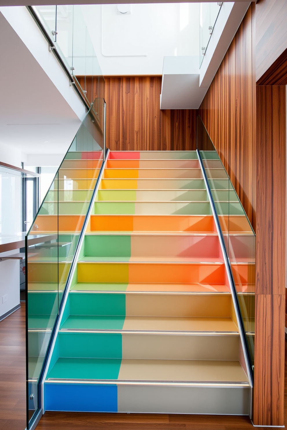 A bold colored staircase features vibrant hues that create a striking visual impact. The contrasting treads add depth and character, enhancing the overall aesthetic of the space. The staircase is enclosed by sleek glass railings, allowing light to flow freely through the area. Rich wood accents complement the bold colors, creating a harmonious balance between modern design and warmth.