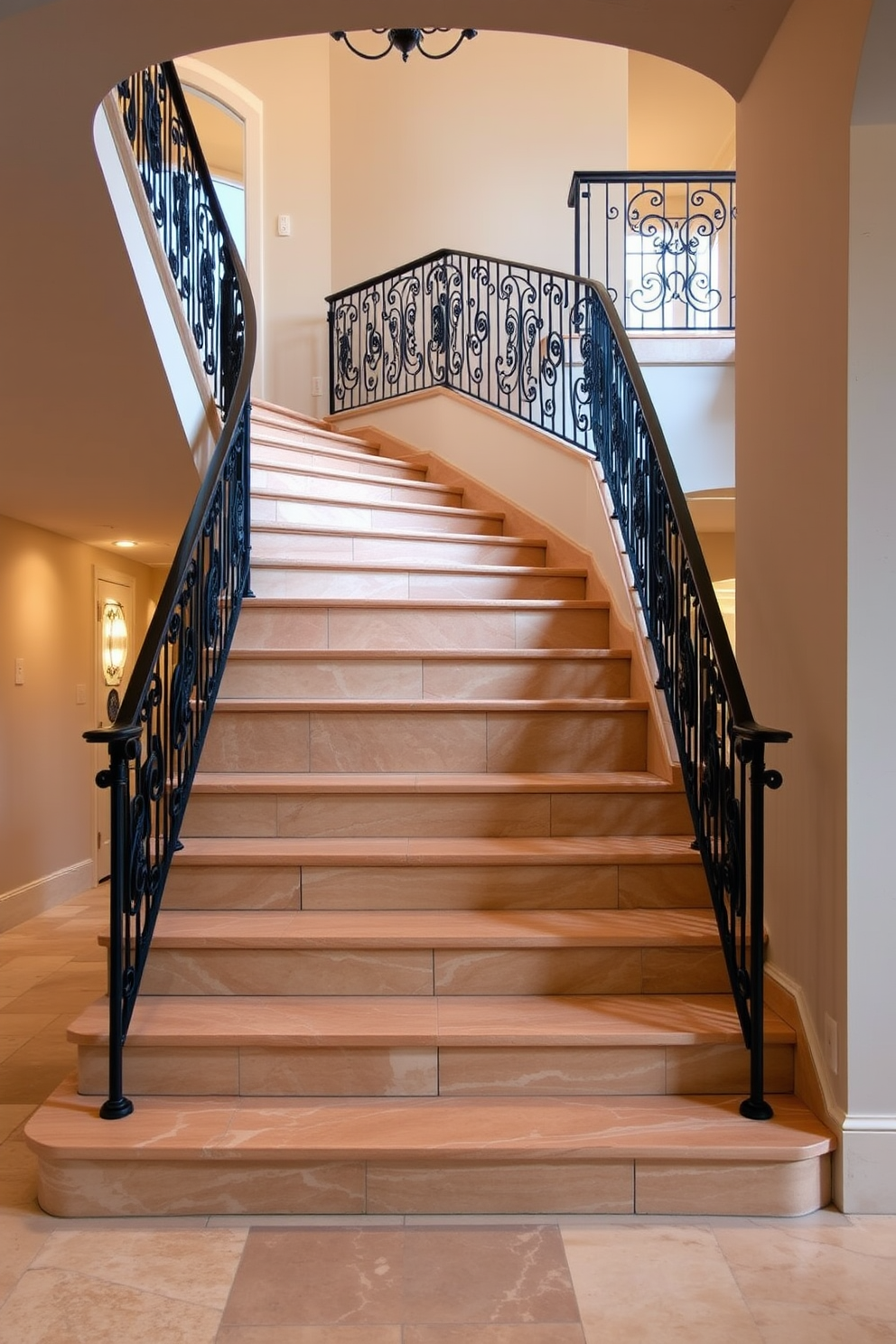 A stunning staircase with a natural stone tile finish creates a grand entrance. The sleek lines of the steps are complemented by elegant wrought iron railings, enhancing the luxurious feel of the space. The closed staircase design features a seamless transition from the entryway to the upper levels. Soft, ambient lighting highlights the rich textures of the stone tiles, adding warmth and sophistication to the overall aesthetic.