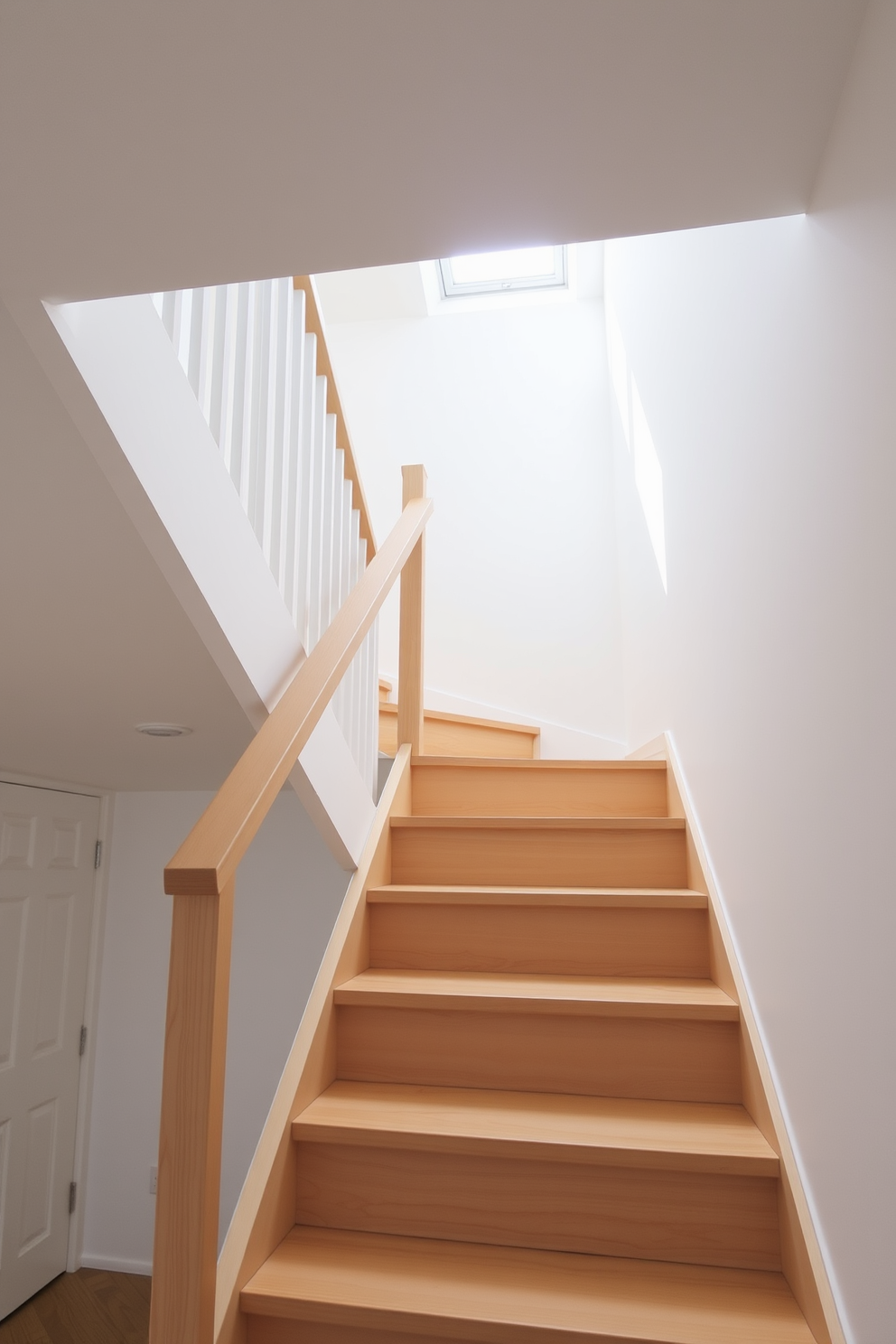 A Scandinavian style staircase features light wood with clean lines and minimalistic design. The steps are wide and gently curved, leading to a bright and airy upper level with natural light flooding in. The handrail is sleek and unobtrusive, complementing the overall aesthetic of simplicity and functionality. Surrounding the staircase, white walls enhance the sense of space and tranquility.