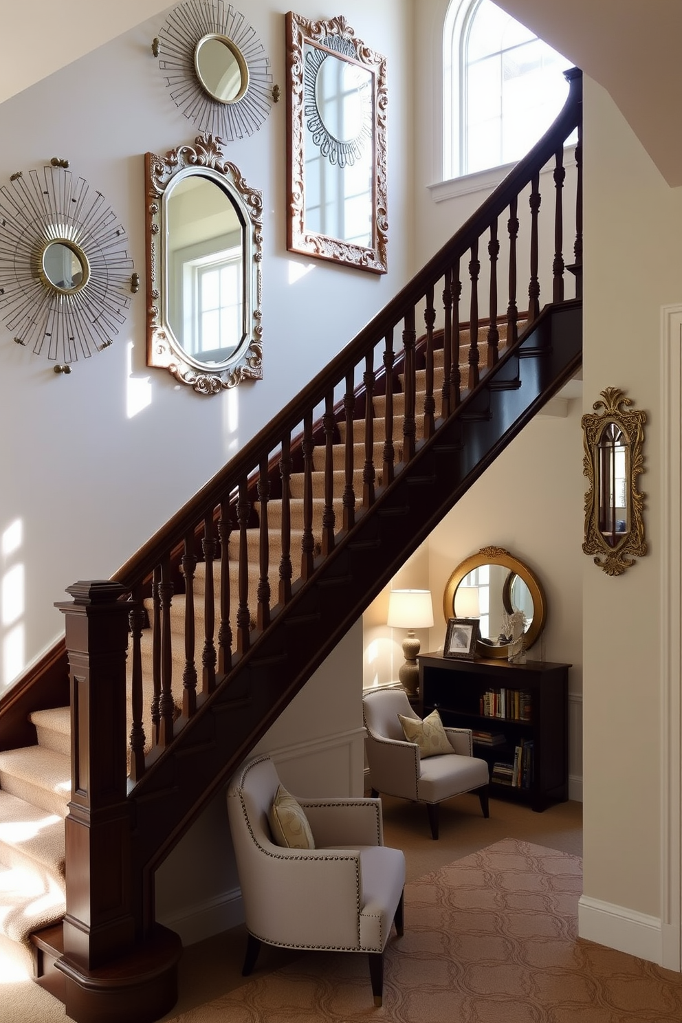 A grand staircase featuring elegant decorative wall mirrors that reflect the natural light flowing through the space. The staircase is adorned with a rich wooden railing and plush carpet runners that add warmth and sophistication. The walls are painted in a soft neutral tone, enhancing the beauty of the mirrors and creating an inviting atmosphere. Underneath the staircase, a cozy reading nook is set up with a comfortable chair and a small bookshelf, making the space functional and stylish.