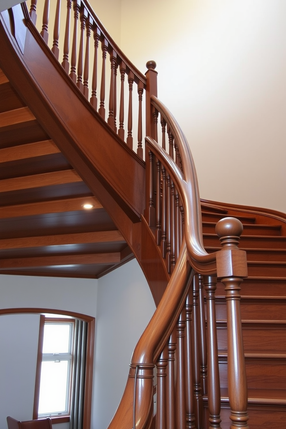 A stunning curved staircase with elegant wooden handrail details gracefully sweeps upwards. The staircase features a rich wood finish that complements the surrounding interior, with intricate balusters adding a touch of sophistication. The closed staircase design incorporates a seamless blend of functionality and aesthetics. Soft lighting illuminates the staircase, highlighting the smooth curves and inviting atmosphere.