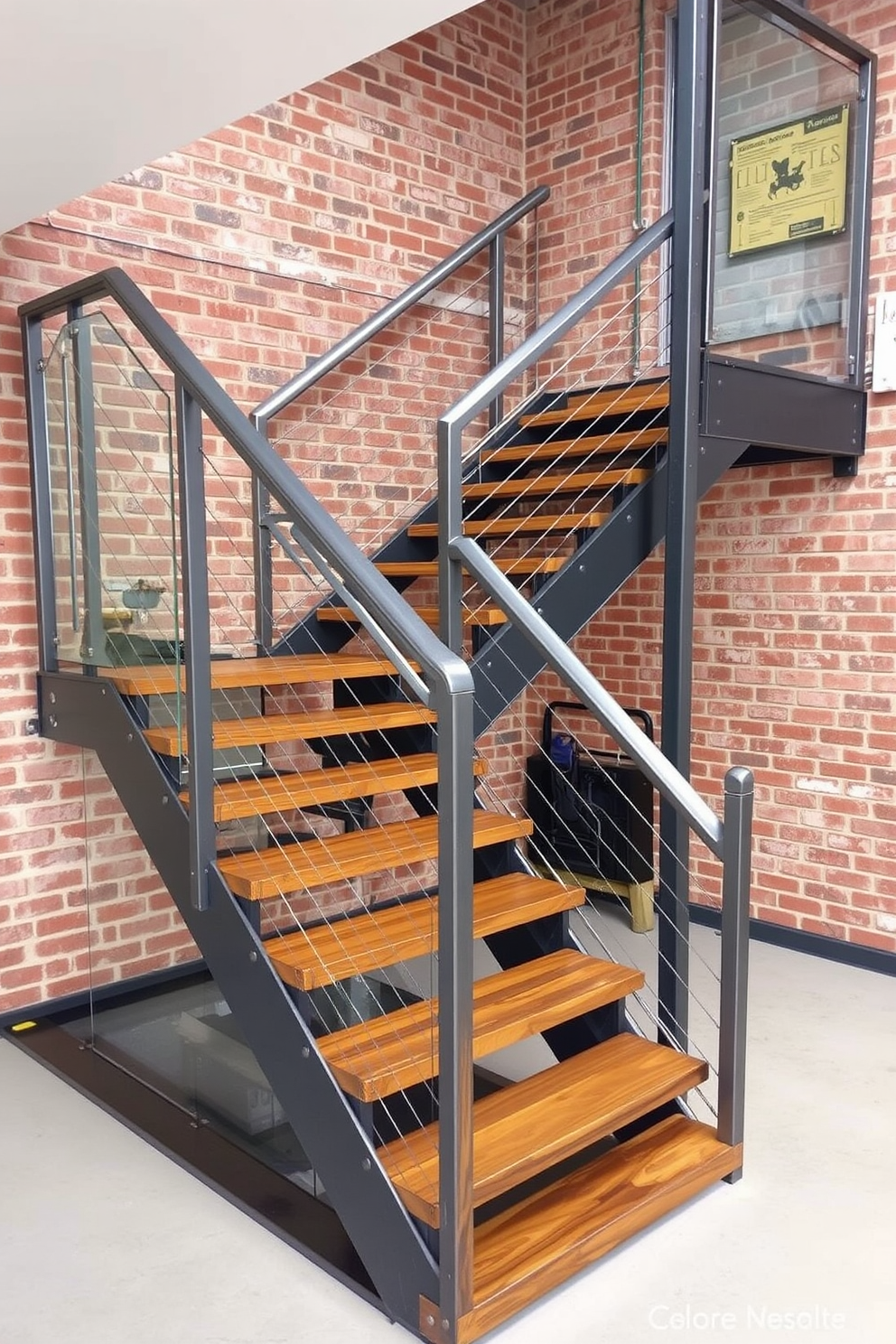 An industrial staircase featuring a blend of metal and wood elements creates a striking focal point in the space. The steps are crafted from reclaimed wood, contrasting beautifully with the sleek metal railings that provide a modern touch. The staircase is enclosed by a glass panel, enhancing the open feel of the design while maintaining safety. Exposed brick walls serve as a backdrop, adding warmth and character to the overall aesthetic.