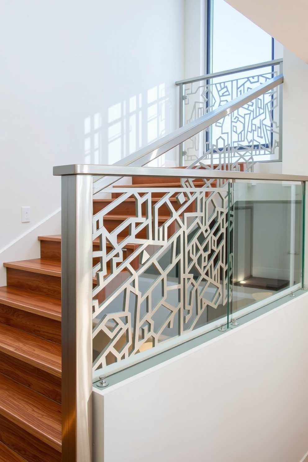 A stunning staircase featuring a unique railing design that combines modern aesthetics with functionality. The railing is crafted from brushed stainless steel with intricate geometric patterns, creating a visual focal point. The staircase is enclosed with a glass panel that allows natural light to flow through, enhancing the open ambiance of the space. The steps are made of rich hardwood, contrasting beautifully with the sleek railing and adding warmth to the design.