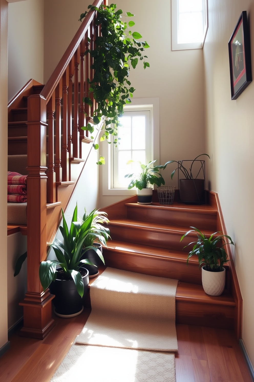 Cozy staircase with potted plants along the sides. The wooden steps are complemented by a soft runner rug, creating a warm and inviting atmosphere. Natural light filters through a nearby window, illuminating the greenery of the potted plants. The walls are painted in a soft beige tone, enhancing the cozy feel of the space.