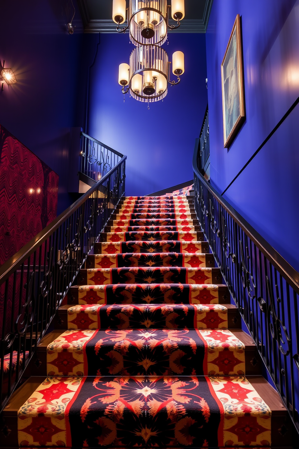 Art deco inspired staircase featuring bold geometric patterns and rich colors. The staircase is adorned with intricate metal railings and a plush runner that complements the overall design. The walls surrounding the staircase are painted in a deep jewel tone, enhancing the luxurious feel. Elegant lighting fixtures hang above, casting a warm glow on the striking patterns below.