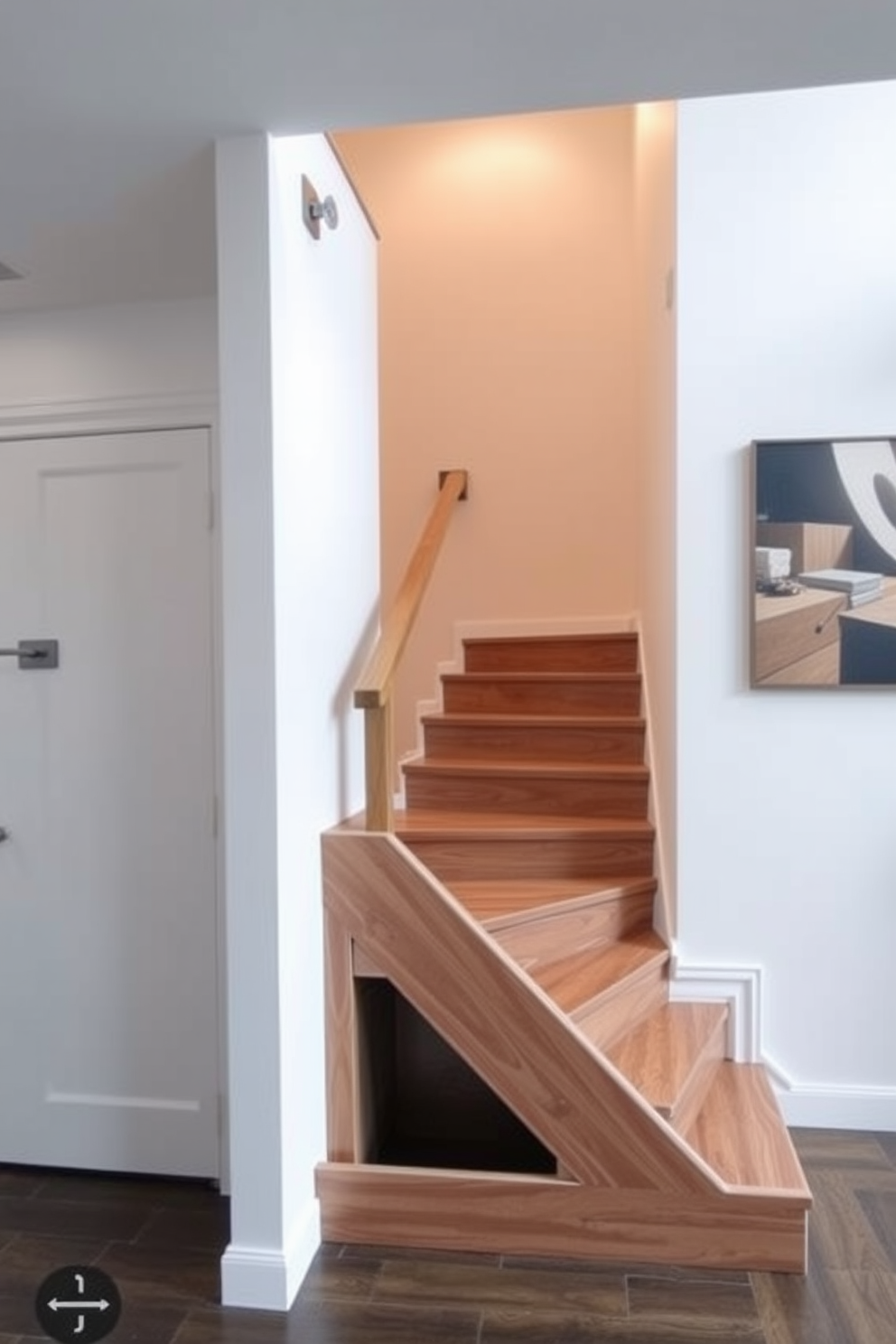 A modern staircase design featuring a hidden storage compartment beneath the steps. The staircase is crafted from sleek hardwood with a minimalist railing, seamlessly integrating the storage space for a clean and functional look. The walls surrounding the staircase are painted in a soft white, enhancing the brightness of the area. Stylish lighting fixtures are installed above, casting a warm glow that highlights the elegant design of the staircase.