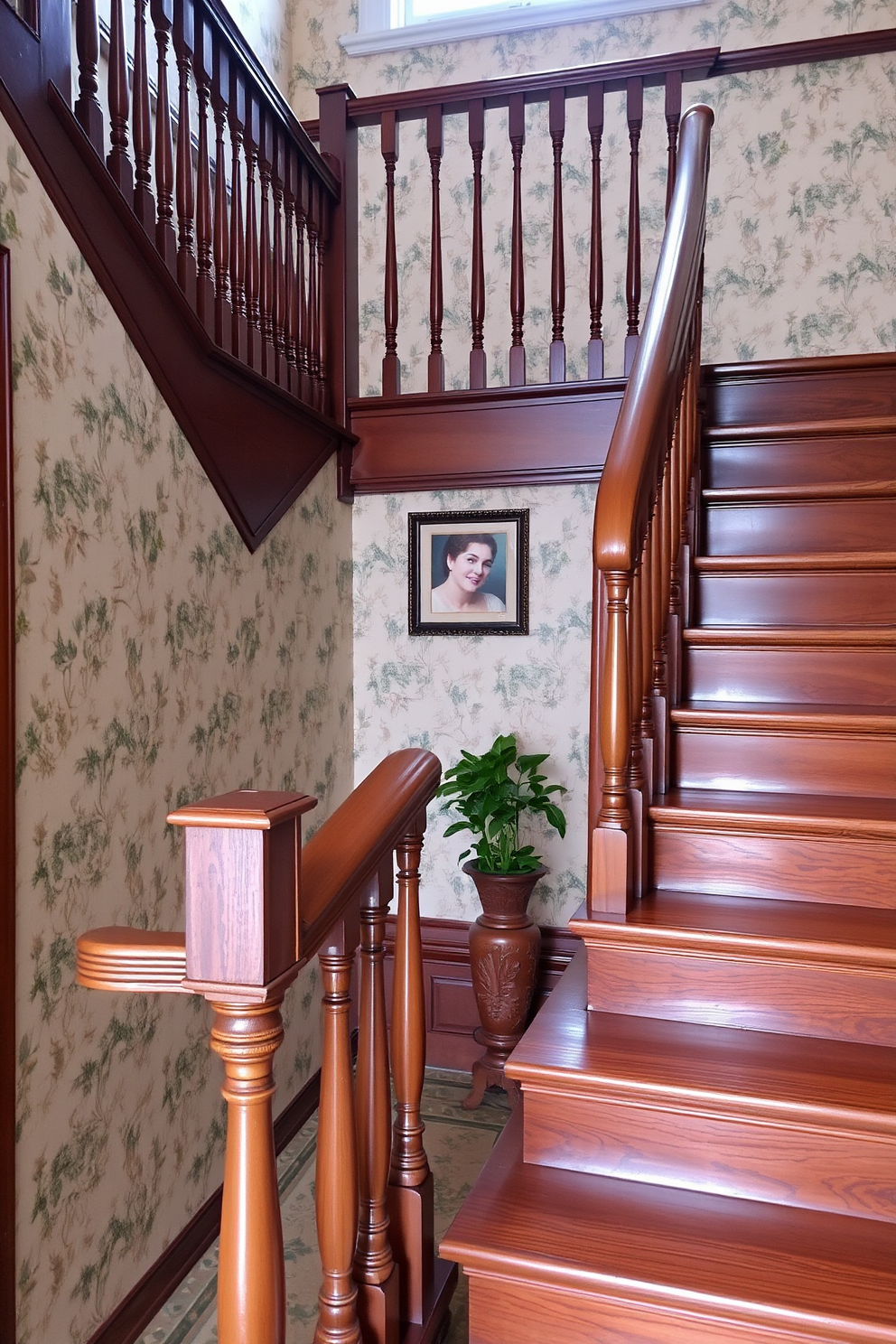 A traditional staircase with intricate woodwork showcases elegant balusters and a beautifully crafted handrail. The steps are adorned with a rich, dark wood finish that complements the surrounding decor. The staircase is enclosed by a wall featuring vintage wallpaper, adding a touch of classic charm. A small landing area is decorated with a tasteful piece of art and a potted plant, enhancing the inviting atmosphere.