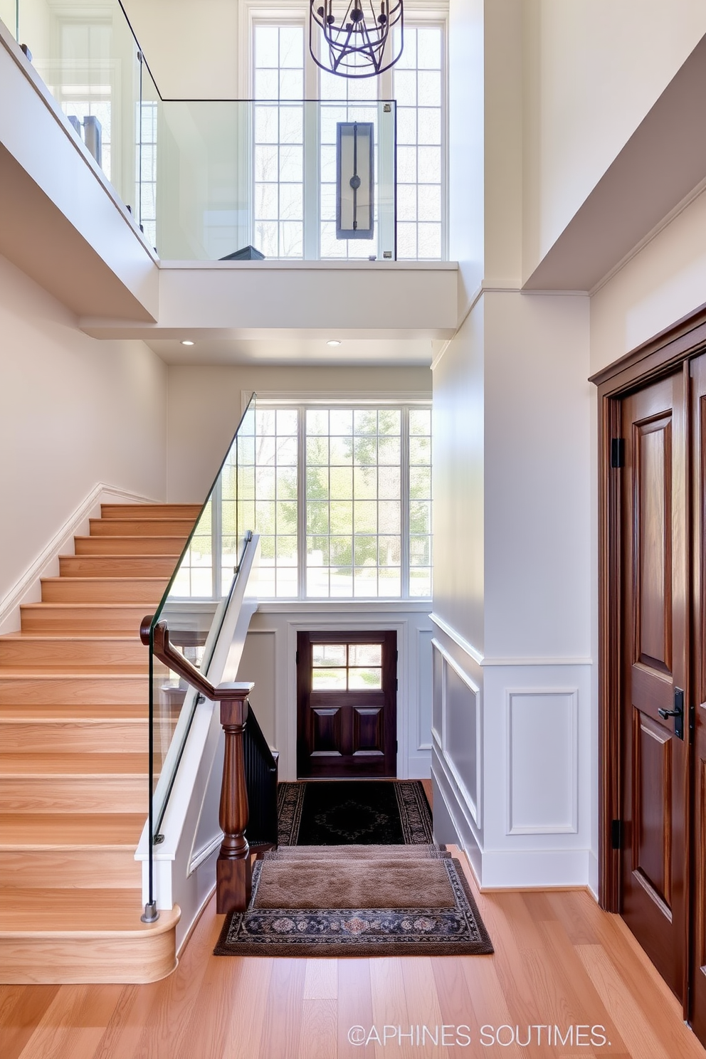 Open concept staircase with airy design elements. The staircase features a sleek glass railing that allows light to flow freely, complemented by light wood treads that enhance the open feel of the space. Closed staircase design ideas. This staircase showcases rich dark wood with intricate detailing, surrounded by elegant wainscoting and a plush runner that adds warmth and sophistication to the entryway.