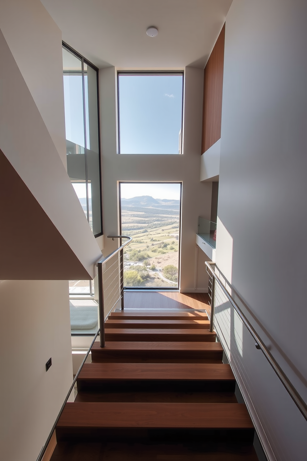 A stunning staircase design featuring a panoramic window that floods the space with natural light. The sleek wooden steps lead gracefully upwards, complemented by a minimalist metal railing that enhances the modern aesthetic. The staircase is surrounded by a bright and airy atmosphere, with the large window offering breathtaking views of the landscape outside. Soft, neutral tones on the walls create a harmonious backdrop that elevates the overall elegance of the design.