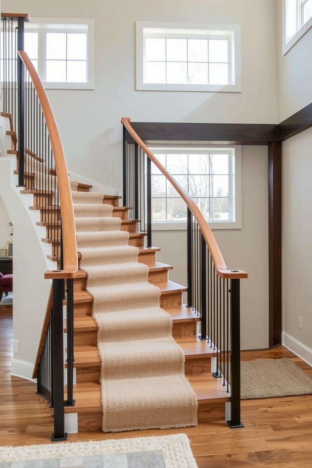 A transitional staircase featuring a combination of wood and metal finishes. The staircase has a sleek wooden handrail that complements the open risers and a modern metal balustrade, creating a harmonious blend of materials. The walls adjacent to the staircase are painted in a soft neutral tone, enhancing the light that filters in from large windows. Underfoot, a plush runner adds warmth and texture, guiding guests up the stairs in style.