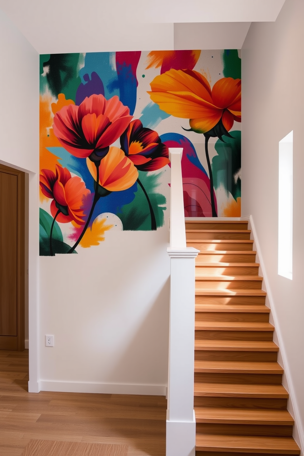 A stunning staircase featuring vibrant artistic wall murals that add a unique character to the space. The staircase is elegantly designed with sleek wooden steps and a modern railing that complements the colorful artwork. A closed staircase design that emphasizes clean lines and minimalism. The walls are painted in a soft neutral tone, creating a serene backdrop for the stylish staircase.