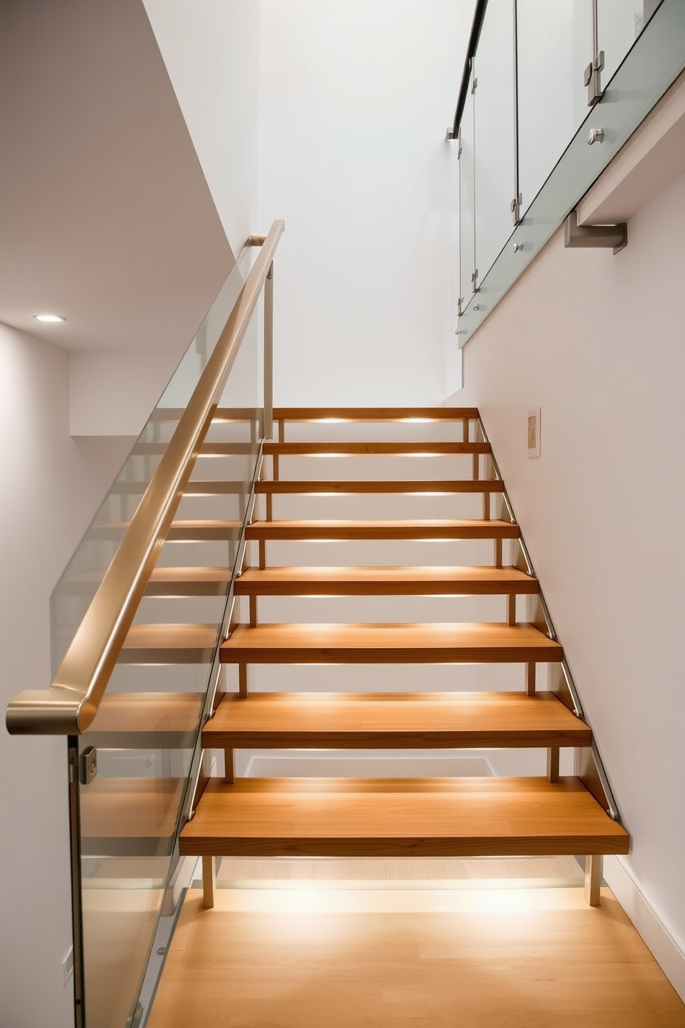 A minimalist staircase design featuring sleek metal accents. The staircase has open risers and a glass railing, creating a sense of openness and light. The treads are made of polished wood, contrasting beautifully with the metal elements. Soft ambient lighting highlights the clean lines and modern aesthetic of the space.