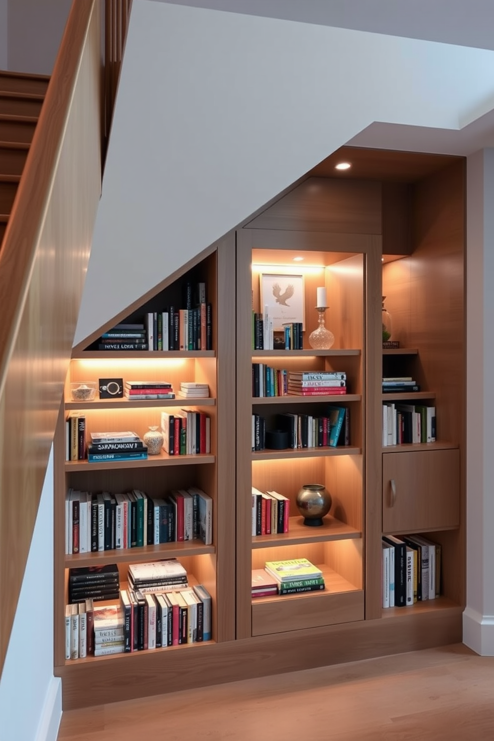 A modern staircase featuring built-in bookshelves underneath. The shelves are filled with an array of books and decorative items, creating a cozy reading nook. The staircase itself has a sleek wooden design with a minimalist railing. Soft ambient lighting highlights the bookshelves, adding warmth to the space.