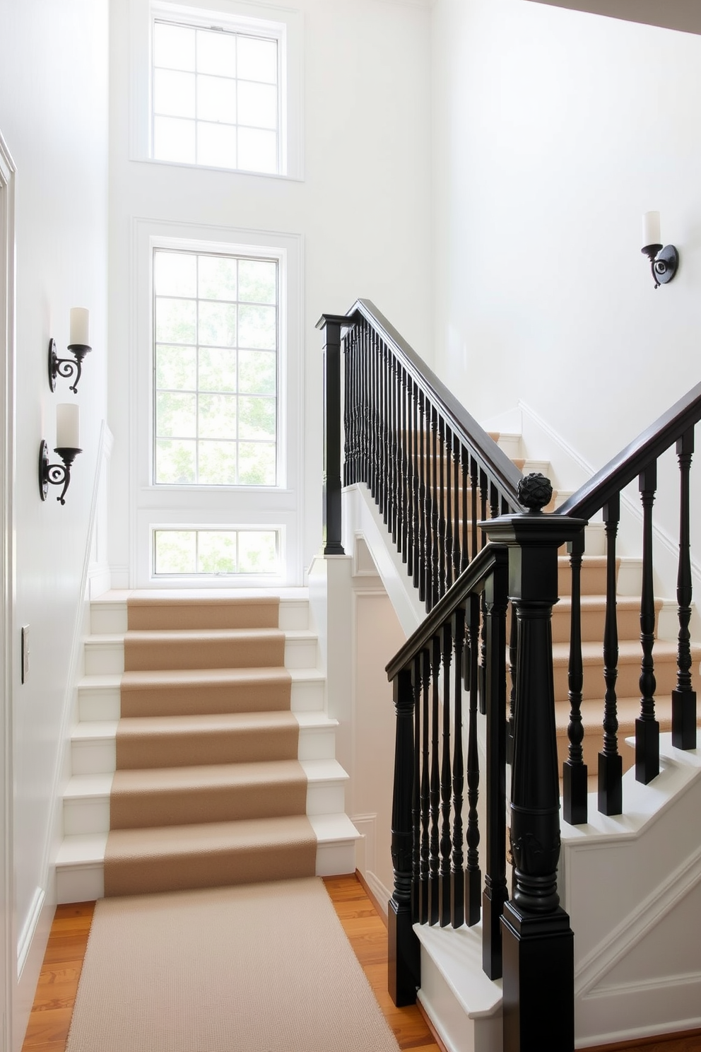 A classic white staircase features elegant black balusters that provide a striking contrast. The staircase is adorned with a soft runner in a neutral tone, enhancing the overall sophistication of the design. Natural light floods the space through a large window at the landing, highlighting the clean lines and refined details of the staircase. Decorative wall sconces flank the walls, adding warmth and inviting ambiance to the area.