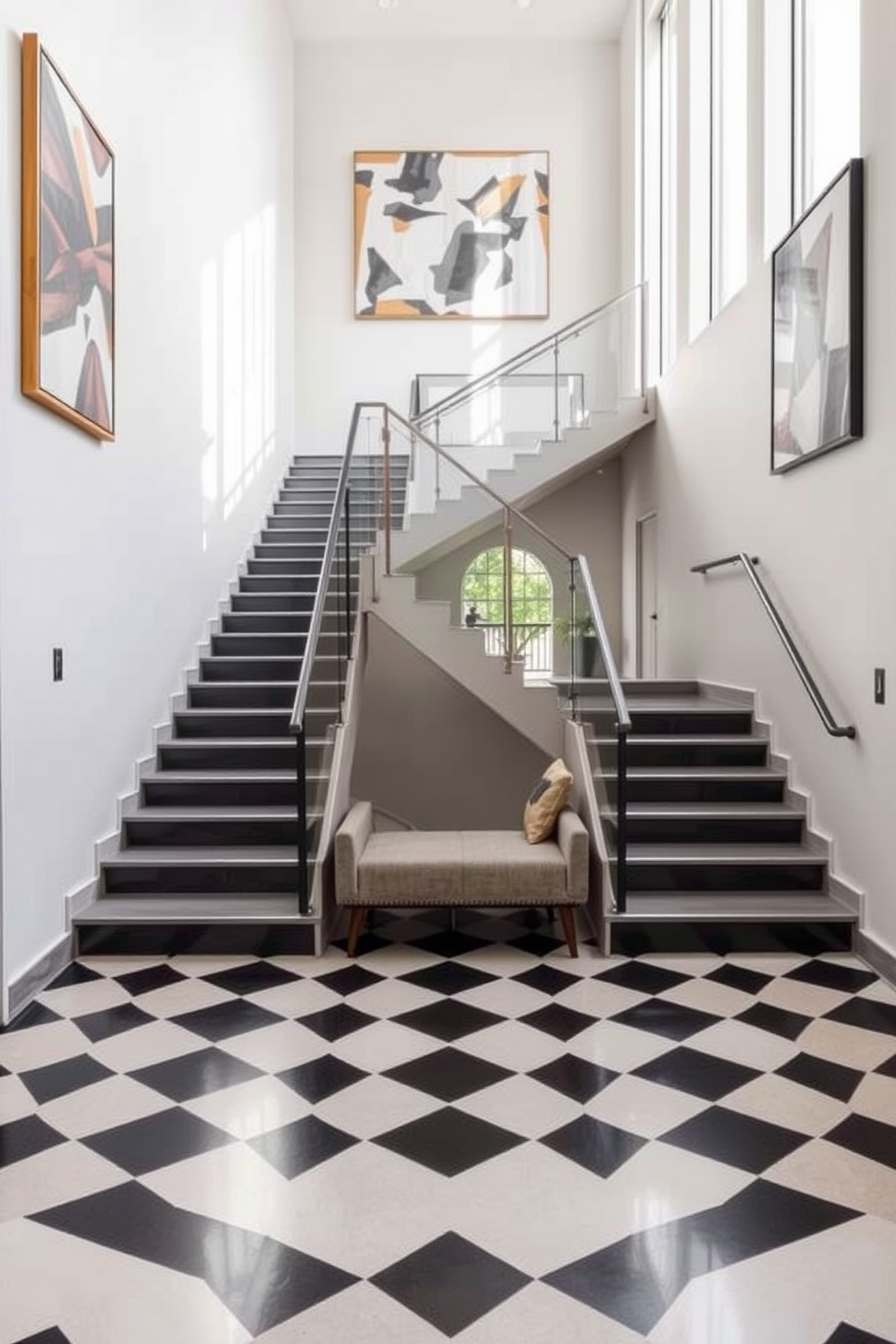 A modern staircase featuring geometric pattern flooring that creates a striking visual impact. The staircase has sleek, minimalist railings and is illuminated by natural light streaming through large windows. The walls are adorned with contemporary art pieces that complement the overall design. Below, a small seating area invites relaxation, enhancing the functionality of the space.