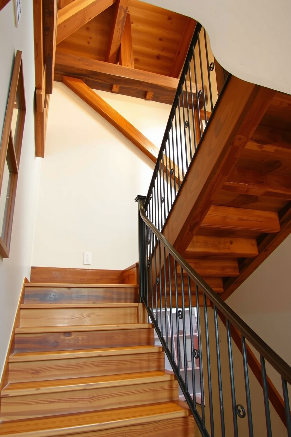 A rustic wooden staircase with exposed beams creates a warm and inviting atmosphere. The steps are crafted from reclaimed wood, showcasing their natural grain and texture, while the beams add a touch of architectural charm. The staircase is adorned with wrought iron railings that complement the rustic theme. Soft lighting highlights the wood's rich tones, enhancing the overall aesthetic of the space.