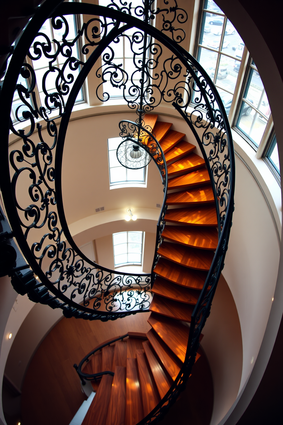 A stunning spiral staircase featuring intricate decorative ironwork spirals elegantly upwards. The staircase is surrounded by a light-filled atrium with large windows that enhance its visual appeal. The staircase steps are made of rich hardwood, creating a warm contrast against the black iron railing. Soft ambient lighting highlights the staircase's curves, adding a touch of sophistication to the overall design.