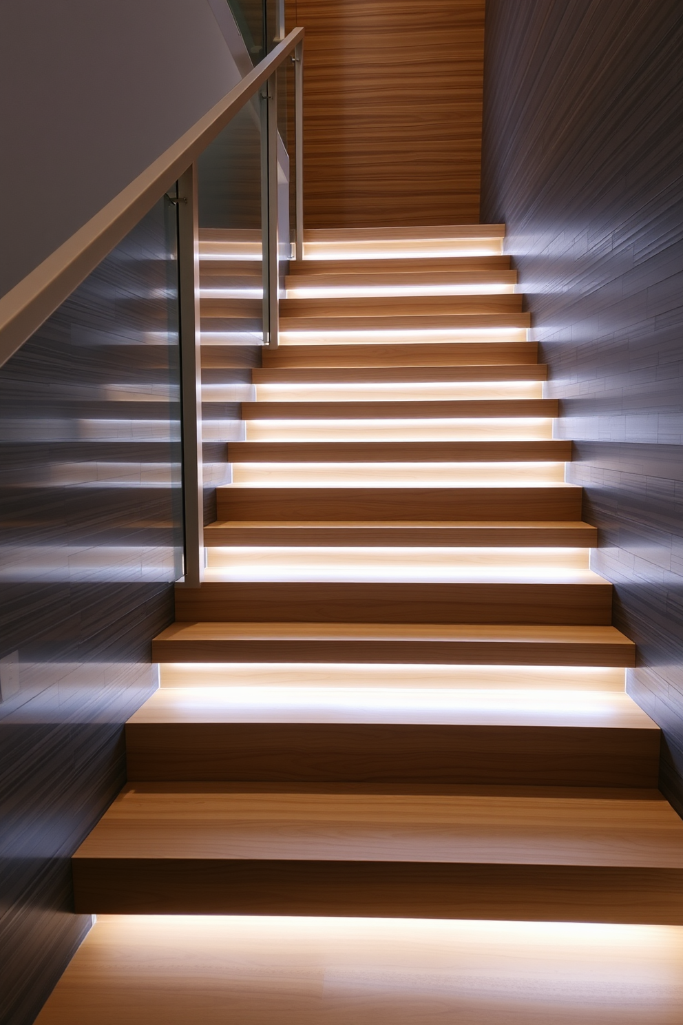 A stunning floating staircase with sleek wooden steps gracefully ascends to the upper level. Soft LED lighting illuminates the edges of each step, creating a warm and inviting ambiance. The closed staircase features a contemporary design with smooth, clean lines and a minimalist railing. Richly textured wall panels flank the staircase, enhancing the overall elegance of the space.