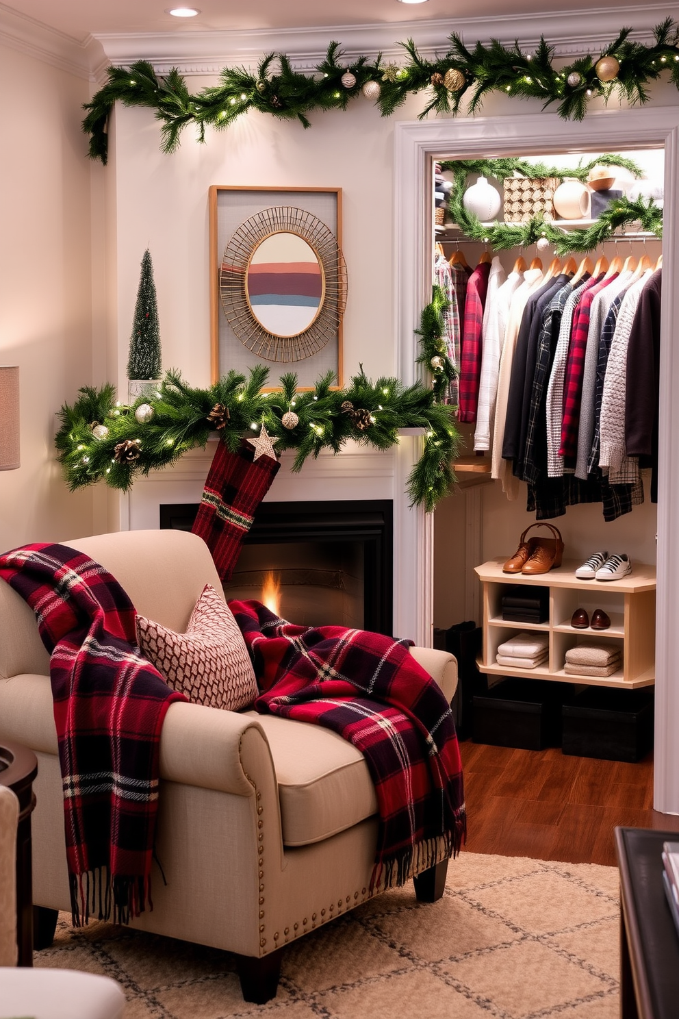 Cozy plaid blankets draped over a plush armchair create a warm and inviting atmosphere in a stylish living room. The fireplace is adorned with seasonal decorations, including pinecones and twinkling fairy lights, enhancing the cozy winter vibe. The closet is transformed into a festive retreat with garlands of evergreen and decorative ornaments hanging from the shelves. Soft, ambient lighting illuminates the space, highlighting neatly organized holiday attire and accessories.