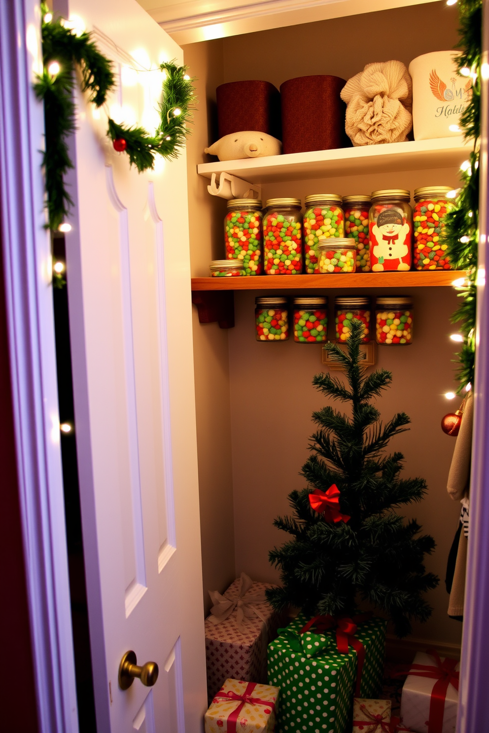 A cozy closet adorned with holiday spirit. Glass jars filled with colorful holiday treats are neatly arranged on a wooden shelf, adding a festive touch to the space. The closet is decorated with twinkling string lights and garlands. A small evergreen tree sits in the corner, surrounded by beautifully wrapped gifts.