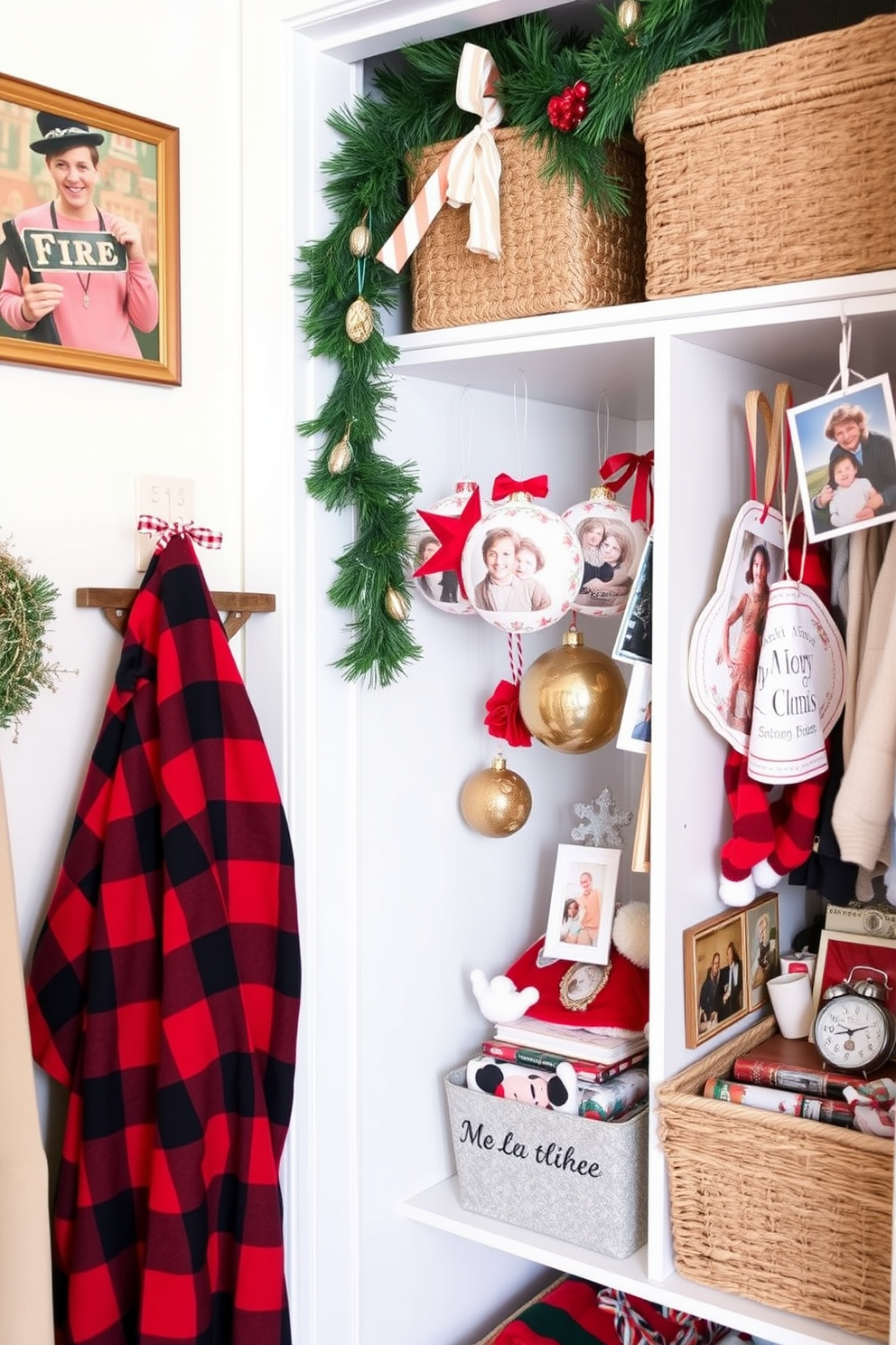 Create a cozy and festive closet space filled with DIY ornaments that reflect cherished family memories. The closet is adorned with handmade decorations, showcasing photos and mementos that tell a story of family traditions during the holiday season.