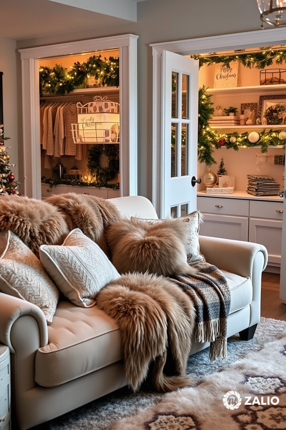 A cozy living room adorned with layered textures featuring a plush sofa draped with soft faux fur throws. The space is enhanced by a mix of decorative cushions and a warm area rug, creating an inviting atmosphere for the holiday season. A beautifully decorated closet showcasing Christmas-themed decor ideas. The shelves are filled with festive ornaments, twinkling lights, and seasonal greenery, all thoughtfully arranged to bring holiday cheer to the space.