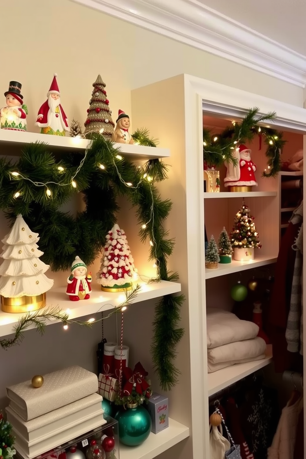 Charming holiday figurines are displayed on beautifully arranged shelves, adding a festive touch to the room. Each figurine is carefully positioned among twinkling fairy lights and evergreen garlands, creating a warm and inviting atmosphere. The closet is transformed into a holiday wonderland with creative Christmas decorating ideas. Colorful ornaments and seasonal decor are strategically placed, making the space both functional and festive.