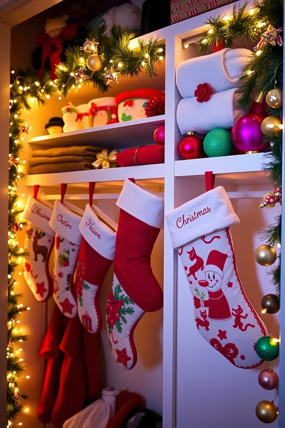 Create a cozy and festive closet space adorned with personalized stockings. Each stocking features unique designs and names, adding a personal touch to the holiday decor. Incorporate twinkling fairy lights along the closet shelves to enhance the festive atmosphere. Use vibrant ornaments and garlands to complement the personalized stockings, creating a warm and inviting Christmas display.