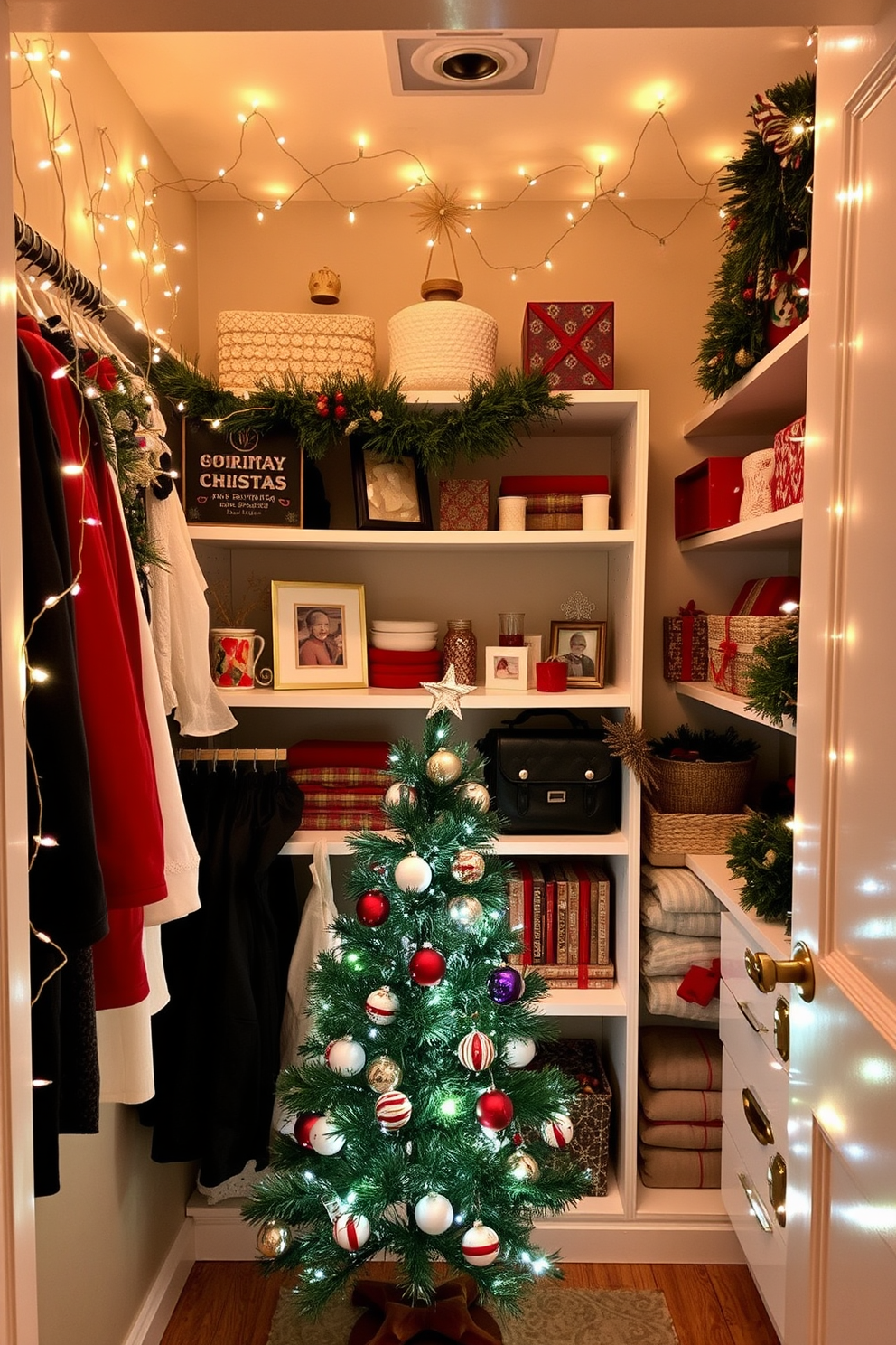 A cozy closet transformed into a festive holiday space. The walls are adorned with twinkling fairy lights and hanging ornaments, creating a warm and inviting atmosphere. Shelves are filled with neatly arranged holiday-themed decor, including garlands and seasonal accessories. A small tree stands in the corner, decorated with colorful baubles and a star on top, bringing holiday cheer to the closet.