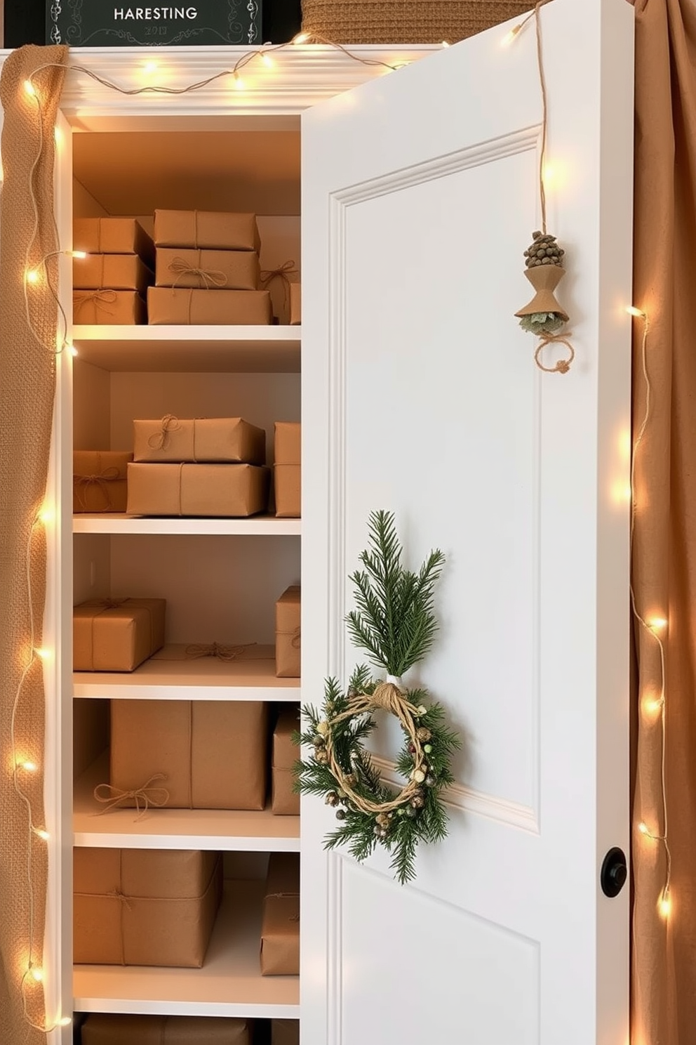 A cozy closet adorned with craft paper and twine creates a rustic charm. The shelves are filled with neatly wrapped gifts in natural tones, complemented by twinkling fairy lights draped around the edges. Handmade ornaments crafted from recycled materials hang from the closet door, adding a personal touch to the holiday decor. A small evergreen wreath made of twine and dried flowers is placed on the closet handle, enhancing the festive atmosphere.