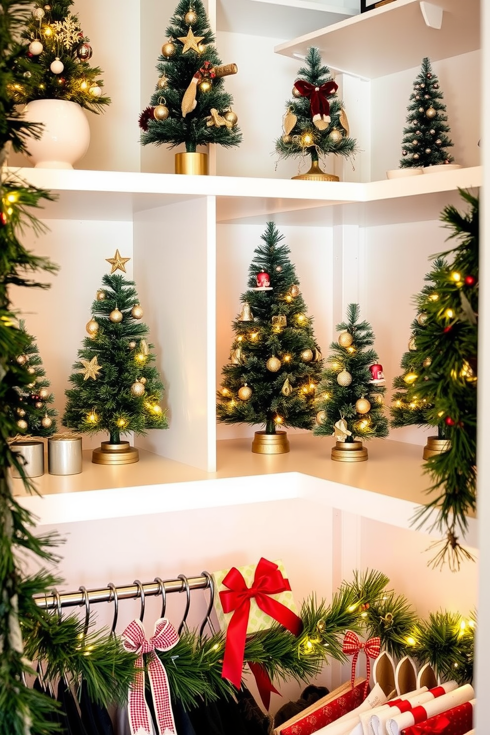 Miniature Christmas trees are artfully arranged on various shelves, adding a festive touch to the space. Each tree is adorned with delicate ornaments and twinkling lights, creating a warm and inviting atmosphere. The closet is transformed into a holiday haven with themed decorations. Garland and ribbons drape elegantly along the shelves, while small festive accents bring joy to the organization.