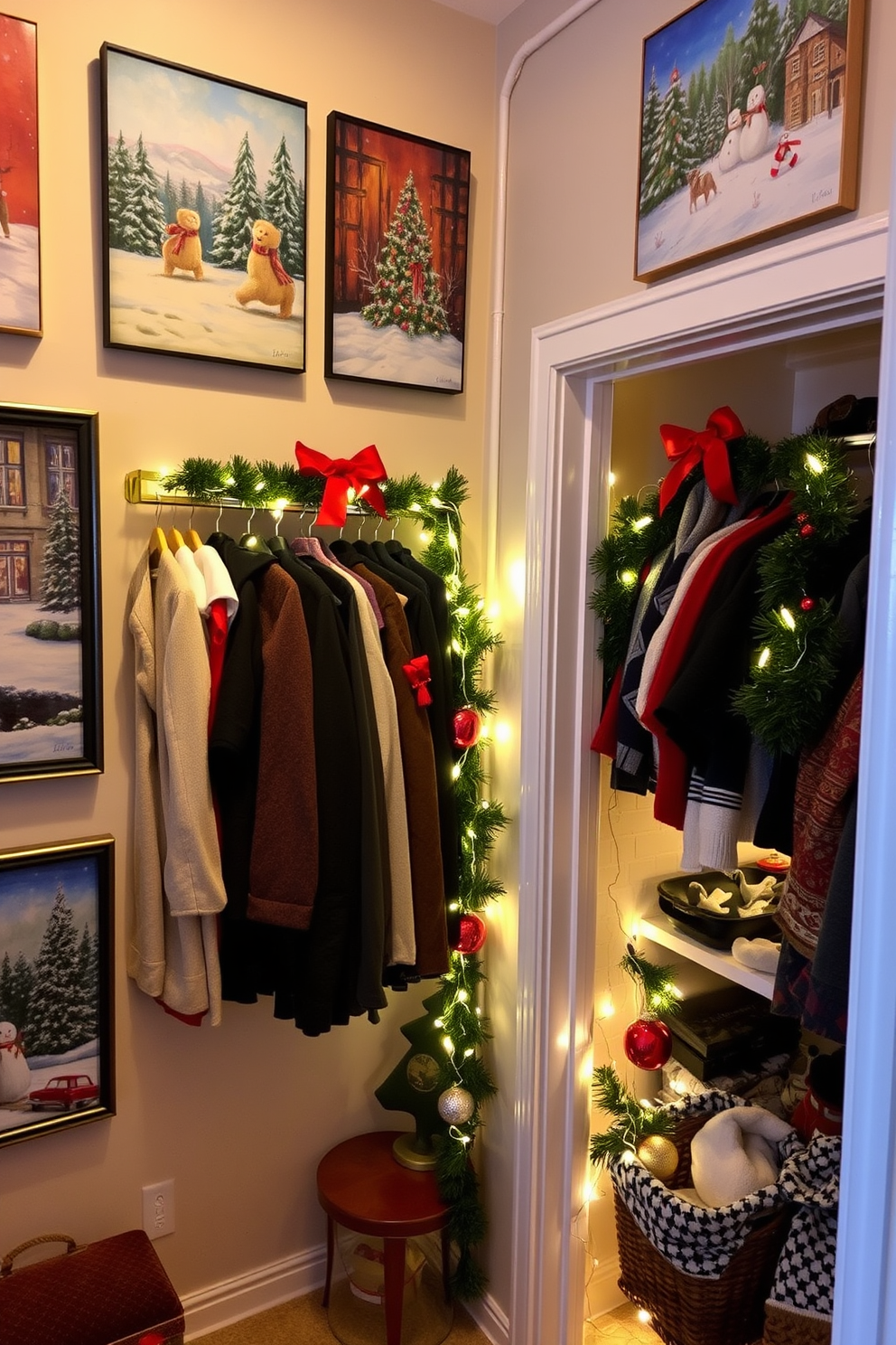 Holiday-themed artwork for a festive vibe. The walls are adorned with vibrant paintings depicting winter scenes and holiday motifs, creating a cheerful atmosphere. Closet Christmas Decorating Ideas. Inside the closet, festive decorations include twinkling fairy lights and colorful ornaments, transforming the space into a cozy holiday retreat.