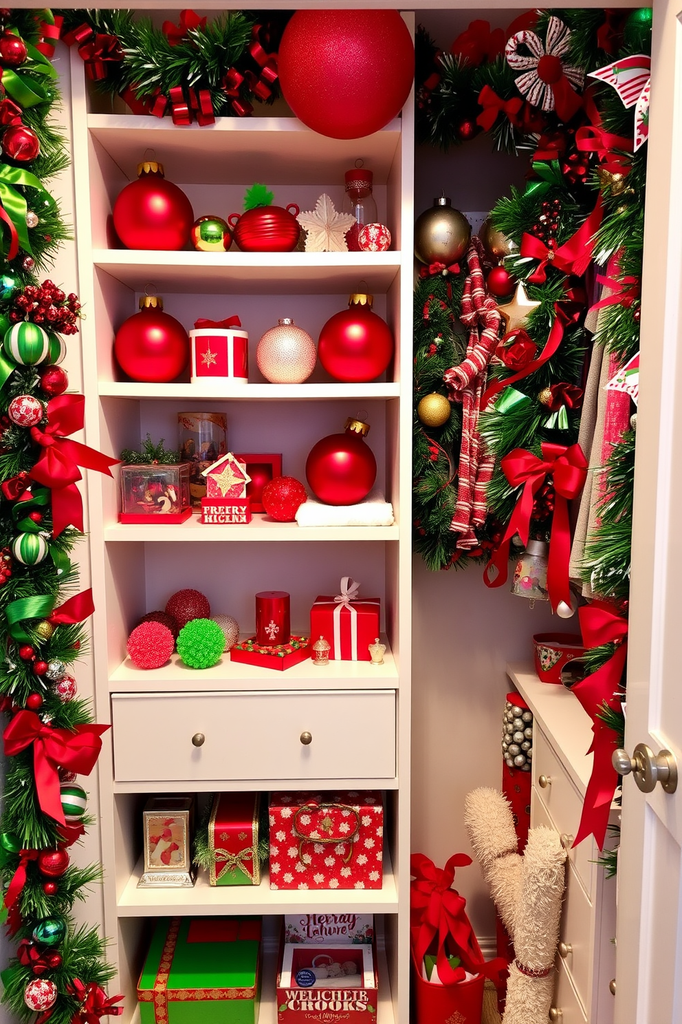 A vibrant closet filled with bright red and green decorations for Christmas. The shelves are adorned with festive ornaments, ribbons, and garlands, creating a cheerful and inviting atmosphere.