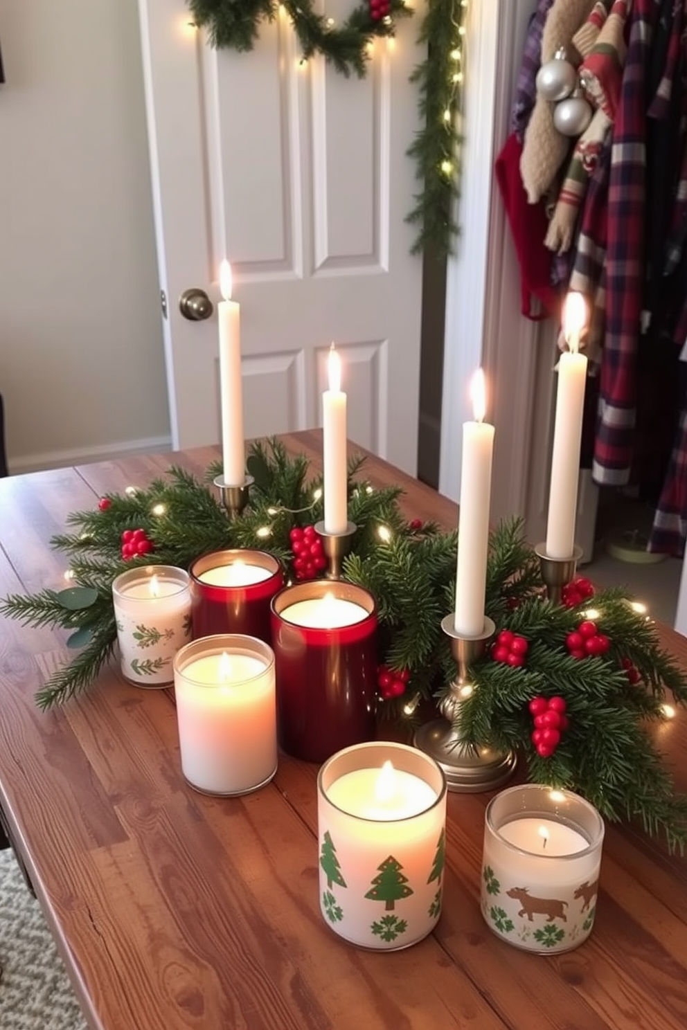 Candles in seasonal scents create a warm and inviting atmosphere. They are arranged on a rustic wooden table, surrounded by evergreen branches and twinkling fairy lights. For closet Christmas decorating ideas, consider using festive storage bins adorned with holiday patterns. Hang garlands of pine and ornaments on the closet door for a cheerful touch.