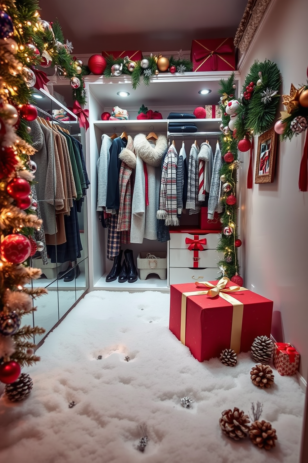 Create a cozy winter wonderland scene featuring faux snow covering the floor and surfaces. Adorn the closet with festive decorations including twinkling lights, colorful ornaments, and a beautifully wrapped gift box. Incorporate a stylish display of holiday-themed clothing and accessories within the closet. Use elegant touches like garlands and pinecones to enhance the Christmas spirit throughout the space.