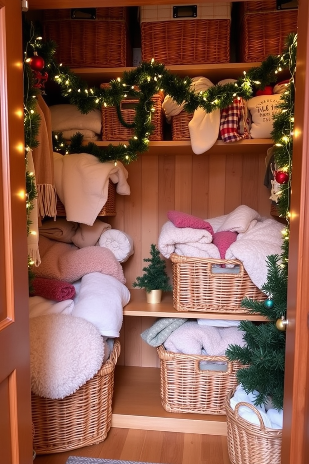 A warm and inviting closet space filled with neatly arranged baskets overflowing with cozy blankets. The baskets are made of natural wicker and are placed on a wooden shelf, creating a homely atmosphere. The closet is adorned with festive Christmas decorations, including twinkling string lights and garlands draped along the shelves. A small Christmas tree sits in the corner, adding a touch of holiday cheer to the cozy environment.