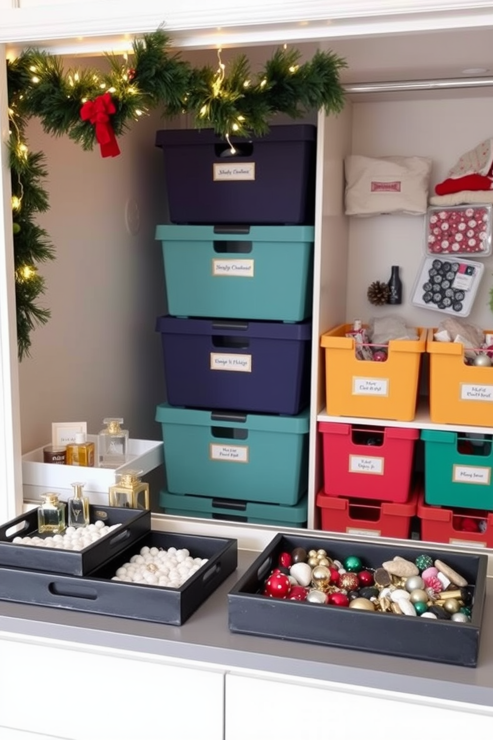 Decorative trays for organizing small items. A collection of stylish trays in various sizes and materials is arranged on a sleek dresser. Each tray is filled with carefully curated small items such as jewelry, perfumes, and decorative stones. The trays enhance the aesthetic while keeping the space tidy and functional. Closet Christmas Decorating Ideas. The closet is adorned with festive touches like garlands and twinkling fairy lights. Colorful storage bins are labeled and filled with holiday decorations, creating a cheerful and organized holiday atmosphere.