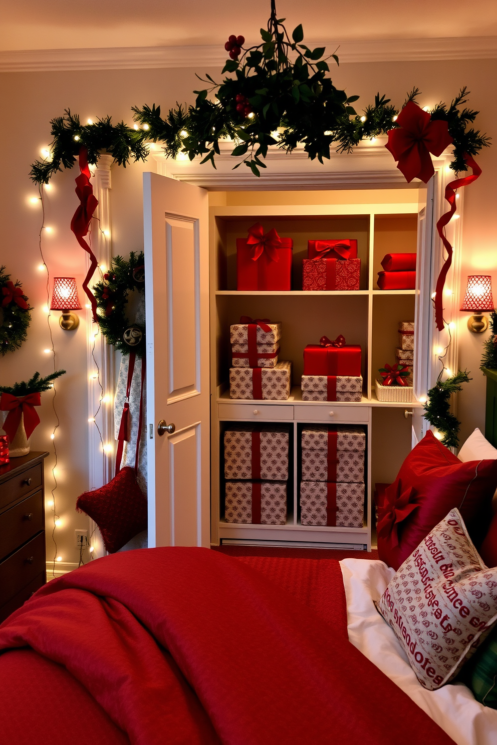 A cozy bedroom scene adorned with festive decorations. Soft white lights twinkle around the bed frame, and a sprig of mistletoe hangs above the doorway for a romantic touch. The closet features elegant holiday-themed storage solutions, with neatly wrapped gifts displayed on the shelves. Rich red and green accents complement the overall festive atmosphere, creating a warm and inviting space.